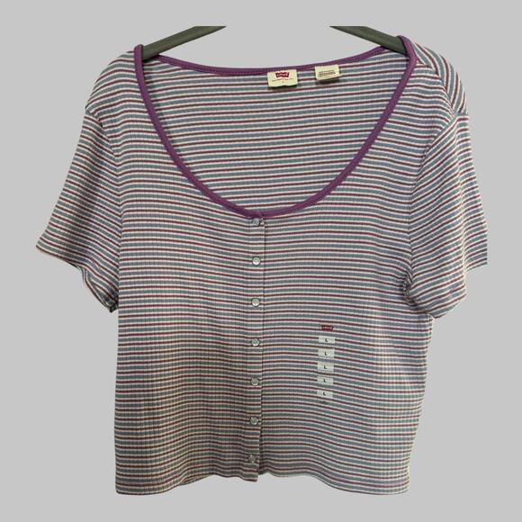 Levi’s Retro Women’s Britt Snap Short Sleeve Ribbed Purple Blue Crop Top L - Picture 1 of 8